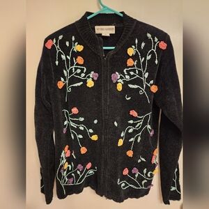Vintage Embroidered Floral Zip Jacket – Victoria Harbour Black Knit Sm